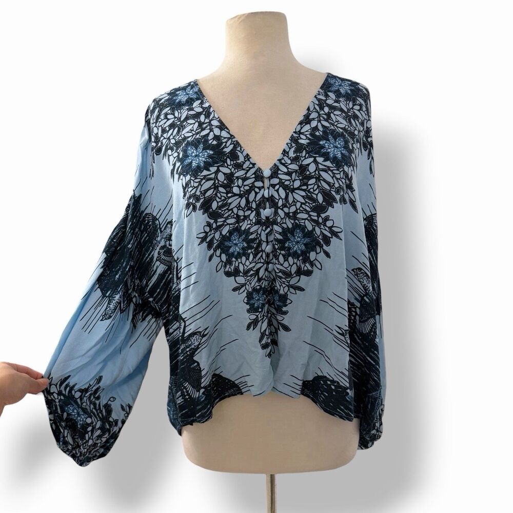 Free People Birds of a Feather Boho Top Large Blue Oversized Slouch Dolman Large